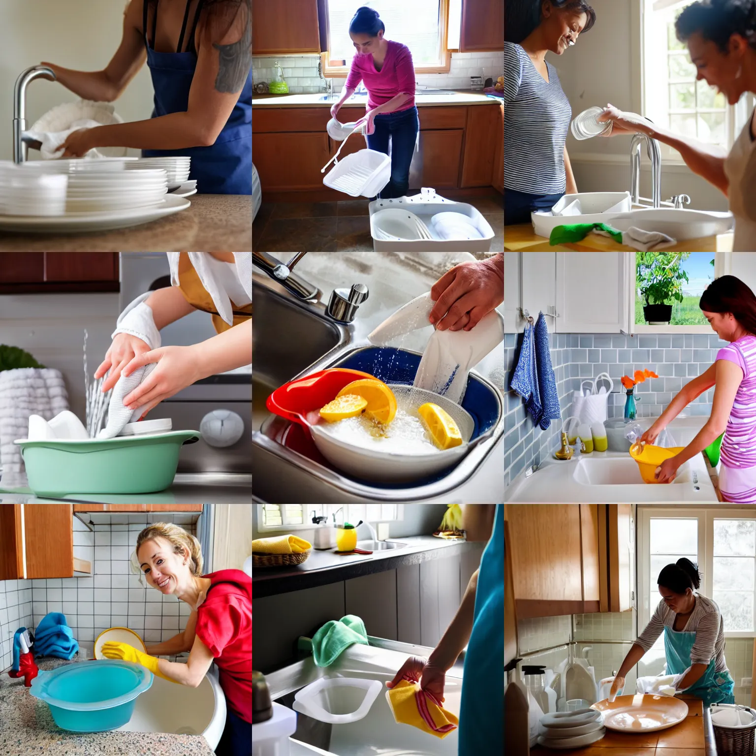 Prompt: washing dishes at home in the afternoon