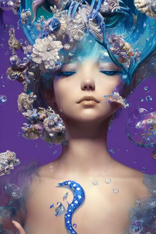 Image similar to epic 3 d yemaya, caring goddess, liquid fish and flowers spinning, 2 0 mm, with cerulean and white foam, melting smoothly into asymmetrical bubbles and flowers, liquid, delicate, intricate, houdini sidefx, trending on artstation, by jeremy mann and ilya kuvshinov, jamie hewlett and ayami kojima