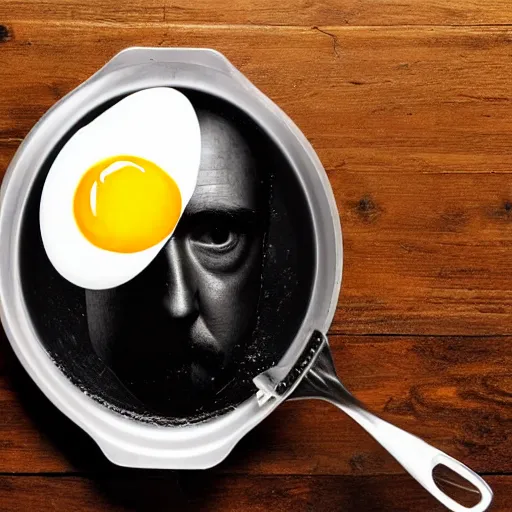 Prompt: an egg frying in a pan with edward norton's face in the yolk