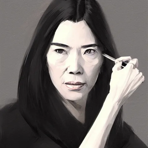 Image similar to Portrait of a woman by Greg Rutkowski, she is about 50 years old, japanese, black straight hair, attractive, elegant, airs of superiority, she is wearing black and white utilitarian jumpsuit, highly detailed portrait, digital painting, artstation, concept art, smooth, sharp foccus ilustration, Artstation HQ.