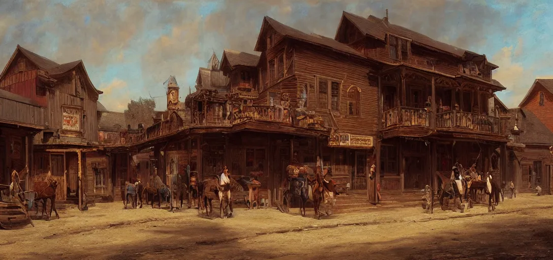 Prompt: painting of a western saloon exterior in old town, andreas achenbach, cinematic wide shot
