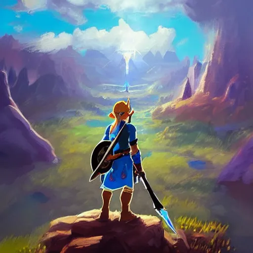 Prompt: oil painting of zelda breath of the wild, mountain in the background. beautiful, rpg, dnd, artstation, artgerm, disney, pixar