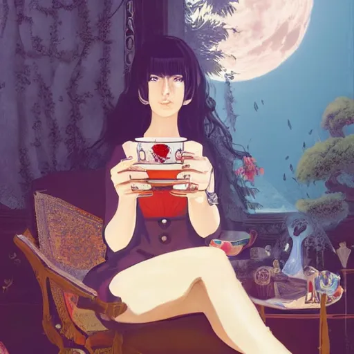 Image similar to Full body portrait of a sorceress sipping tea in her sunlit study, fantasy, digital illustration, exquisitely detailed, Ilya Kuvshinov, Hayao Miyazaki, Kazuma Kaneko