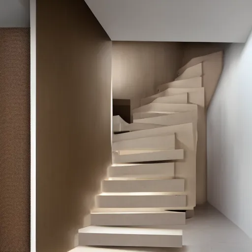 Prompt: liminal space beige and light brown and white colors, modernistic, interior design, stairs