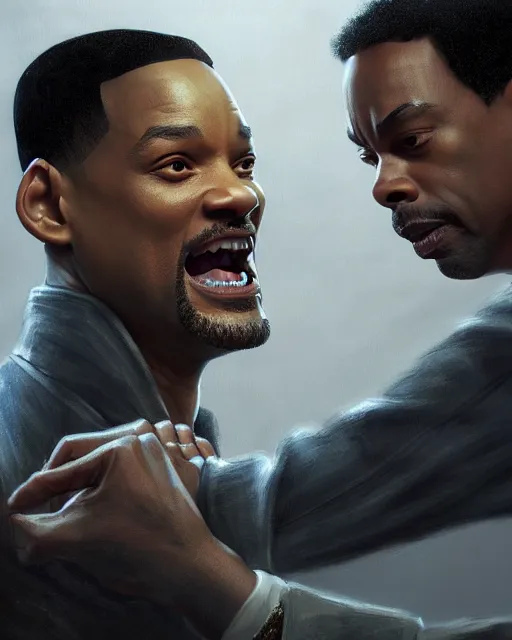 Image similar to will smith slapping chris rock, accurate details, detailed face, dramatic, intricate, elegant, highly detailed, digital painting, artstation, concept art, smooth, sharp focus, illustration, art by Gustave Dore, octane render