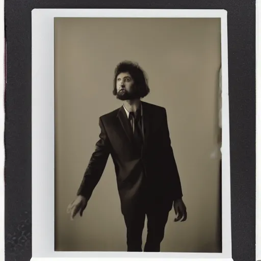 Prompt: albanian stand up comedian, 9 0 s polaroid, colored, by jamel shabbaz, robert mapplethorpe, davide sorrenti