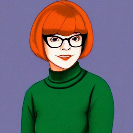 Image similar to Beautiful stunning Portrait face of Velma Dinkley Real Life Beautiful Portrait Scene of Velma Dinkley wearing her iconic orange sweater from Scooby Doo in court for falsely accusing someone of being a criminal by Greg Rutkowski. Velma is a teenage female, with chin-length auburn hair and freckles. She is wearing a baggy, thick turtlenecked orange sweater, with a red skirt, knee length orange socks and black Mary Jane shoes. by Mark Arian, soft render, octane, highly detailed painting, artstation