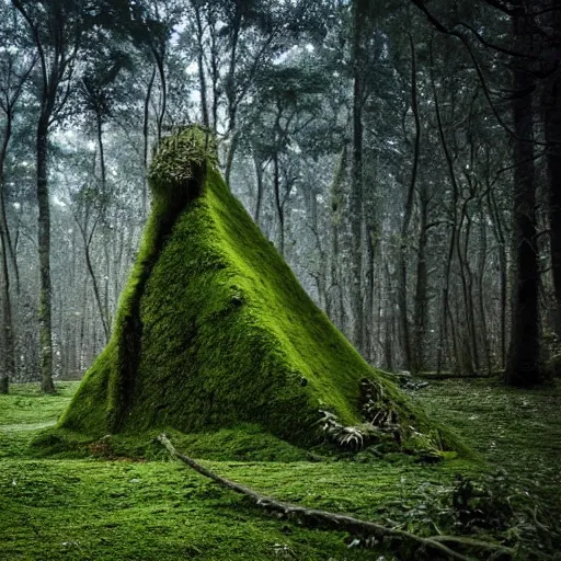 Image similar to A forest full of trees and moss, the scene contains a singular hut with a strange figure standing nearby, Photography, dark, intricate cube, Bleda, Elsa