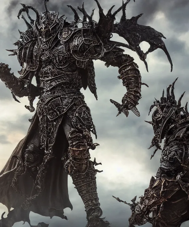 Image similar to hyperrealistic rendering, epic dark souls boss, ornate supreme demon overlord, jewel crown, war armor battle, by art of skinner and richard corben, product photography, collectible action figure, sofubi, hottoys, storm clouds, outside, lightning