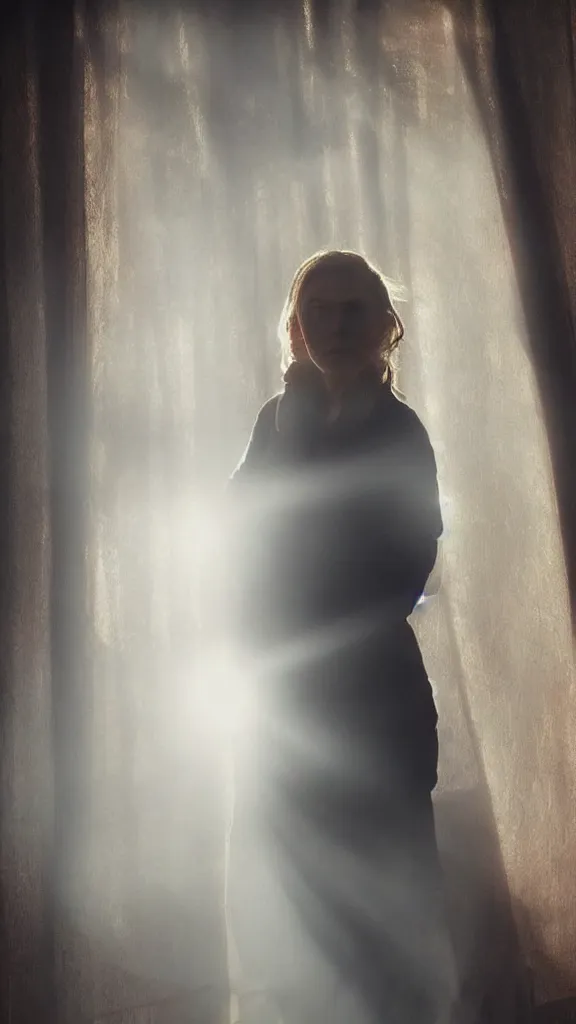 Prompt: very very beautiful photograph of emily skinner looking like annie leonhart standing next to a window god rays shining on her from the sunlight, volumetric fog, smoke, depth of field, beautiful composition, very very very beautifull face, on artstation and instagram