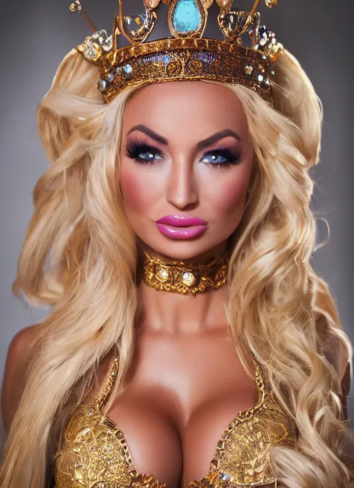 Image similar to portrait of lindsey pelas as princess jasmine in persian palace, by charlotte grimm, natural light, detailed face, beautiful features, symmetrical, canon eos c 3 0 0, ƒ 1. 8, 3 5 mm, 8 k, medium - format print, half body shot