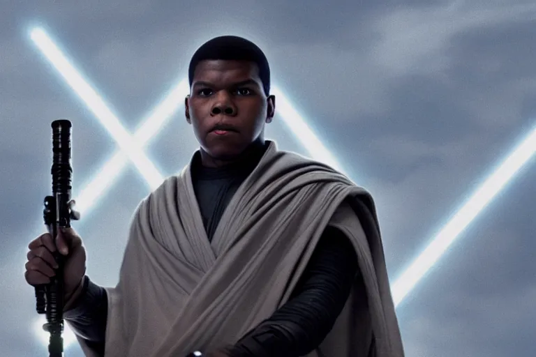 Prompt: Star Wars, full body, Finn played by John Boyega standing alone wearing jedi robes holding a lightsaber in heroic pose, ultra realistic, 4K, movie still, UHD, sharp, detailed, cinematic, render, Wide shot