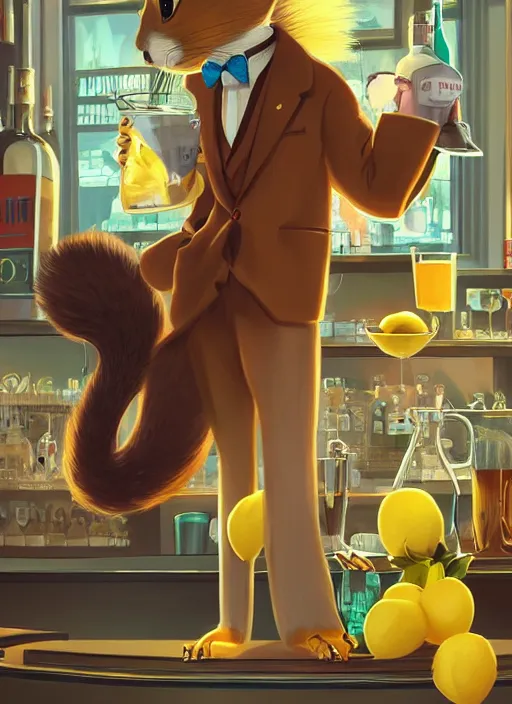 Image similar to squirrel anthro as a dapper bartender with a big, fluffy tail, retro futurism, art deco, detailed, painterly digital art by WLOP and Cory Loftis and Randolph Stanley Hewton, 🐿🍸🍋, furaffinity, trending on artstation