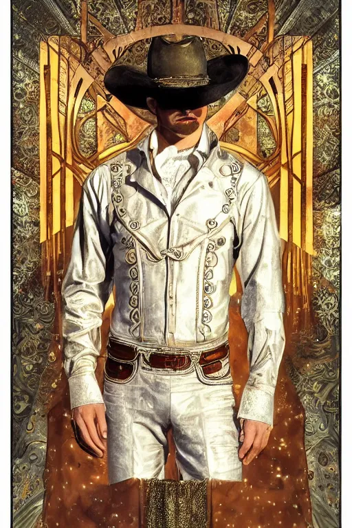 Prompt: a dramatic ethereal epic symmetrical painting of a handsome!! cowboy in a silvery!!!! (((golden))) outfit | tarot card, art deco, art nouveau, (steampunk), homoerotic, realistic | by Dresden Codak, by Mark Maggiori and ((((Alphonse Mucha))) | trending on artstation