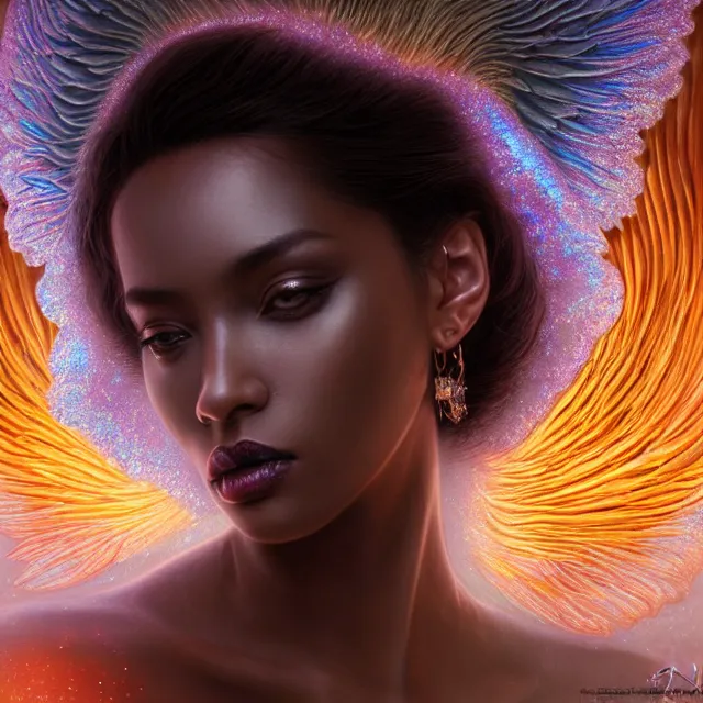 Prompt: detailed portrait of beautiful angel made of iridescent smoke, dark fantasy, sharp focus, vibrant, vivid, magical shiny skin, symmetry, highly detailed, 4 k digital painting, detailed skin, iridescence reflecting, crystal particles, magical, raytracing, plasma, artistic, concept art by artgerm, greg rutkowski, alphonse mucha, unreal engine render,