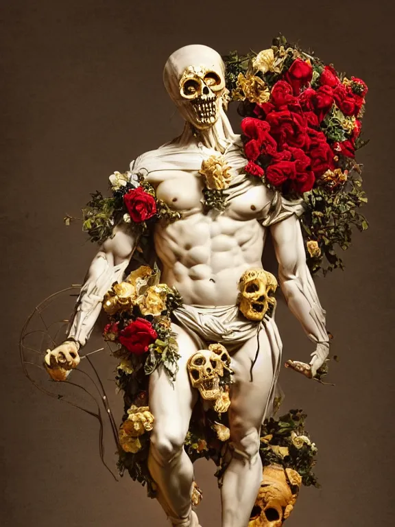 Prompt: a man in the form of a Greek sculpture with a mask in the form of a golden skull and wreath of flowers, many roses in hands, dressed in a biomechanical dress of a demon by Roberto Ferri, stands in the pose of a super hero on a golden stone, silk, fabric, birds, flowers. red plastic. baroque elements, human skull. full-length view. baroque element. intricate artwork by caravaggio. birds on background. Trending on artstation. halo. octane render, cinematic, hyper realism, octane render, 8k, depth of field, bokeh. iridescent accents. vibrant. teal and gold and red colour scheme