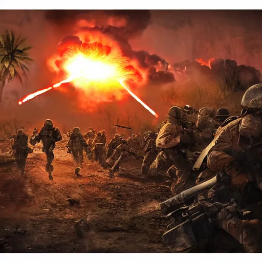 Image similar to hyper realism, realistic apocalyptic war scene, explosions, soldiers running