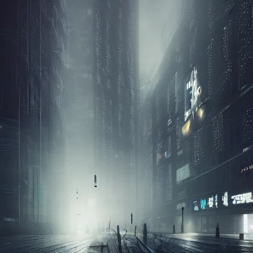 Image similar to a foggy night in milano in 2 0 7 9, cyberpunk future, distopic, cinestill, photography, realistic, hyper detailed, unreal engine, cinematic, octane render