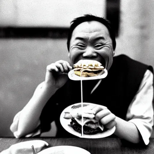 Image similar to a photo of a ecstatic man from qing empire eating a hamburger, award winning photo, high quality