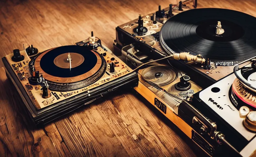 Prompt: a turntablist dj scratching on a retro steampunk clockwork mixing board and record player