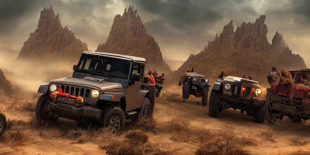 Image similar to Mahindra thar, tribe members attacking, action scene, an epic fantasy, dramatic lighting, cinematic, establishing shot, extremely high detail, photorealistic, cinematic lighting, artstation, by christopher nolan, horizon forbidden west