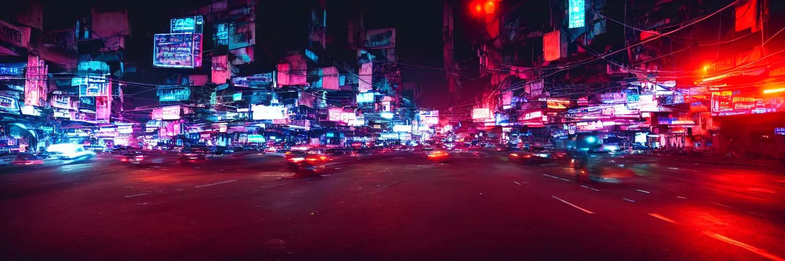 Image similar to Cyberpunk Traffic, futuristic Phnom-Penh Cambodia, neon dark lighting