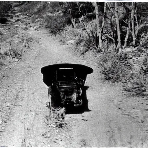 Prompt: a 1 9 0 0 s grainy photo of a dark creature catch in a desert road inside a dense forest