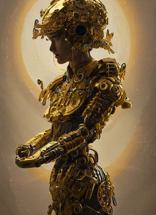 Image similar to portrait of a futuristic geisha cyborg with golden body armor holding a ecosphere with a plant inside, modern fine art, fractal, intricate, elegant, highly detailed, digital photography, subsurface scattering, by jheronimus bosch and greg rutkowski,