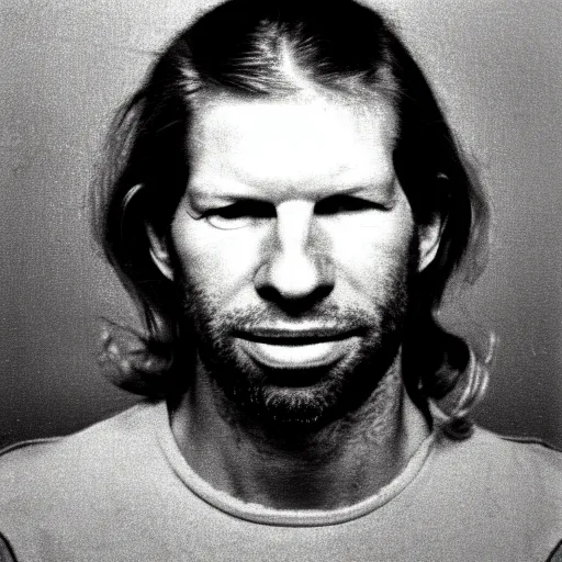 Image similar to Mugshot Portrait of Aphex Twin, taken in the 1970s, photo taken on a 1970s polaroid camera, grainy, real life, hyperrealistic, ultra realistic, realistic, highly detailed, epic, HD quality, 8k resolution, body and headshot, film still, front facing, front view, headshot and bodyshot, detailed face, very detailed face