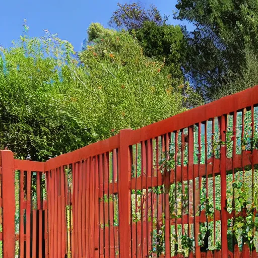 Prompt: fenced in garden, orange brick fence, wood fired bbq and wooden table covered by trellis with vines, bright sunny day, blue skies, no clouds, artistic rendering 8k