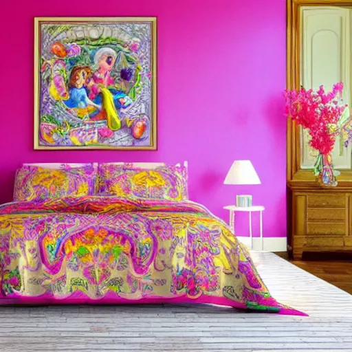 Image similar to a cozy bedroom decorated in wall to wall Lisa Frank murals, ornate, detailed, high resolution, wow!, intricate