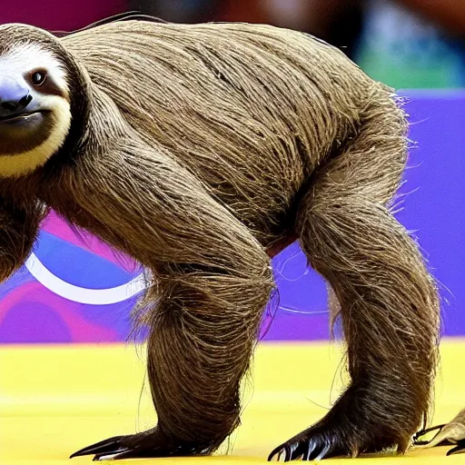 Image similar to a sloth, in a 1 0 0 m race against animals, at the tokyo olympics, with animals in the audience, in painting form