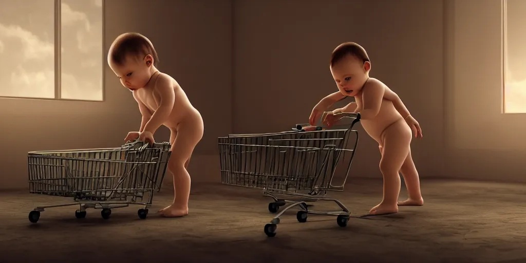 Image similar to baby in diapers with a shopping cart, dim volumetric lighting, 8 k octane beautifully detailed render, post - processing, extremely hyper - detailed, intricate, epic composition, cinematic lighting, masterpiece, trending on artstation, detailed detailed detailed, masterpiece, stunning art, wonderful masterpiece, beautiful cinematic light