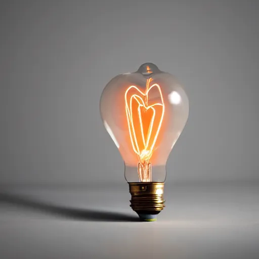 Prompt: an edison bulb glowing with a heart-shaped filament, minimalist, ephemeral, detailed, elegant, stock photo, Sony a7R, trending on artstation