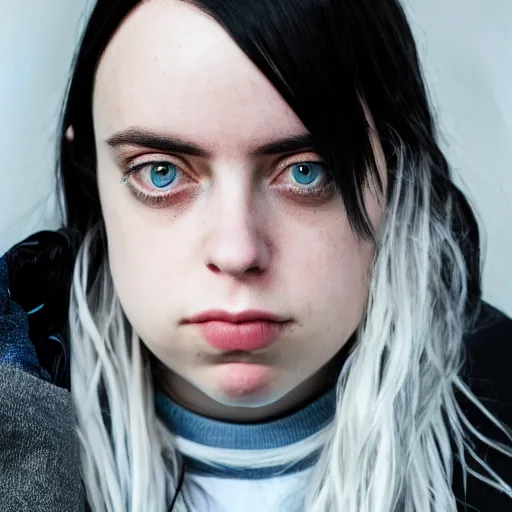 Image similar to Billie Eilish portrait, XF IQ4, f/1.4, ISO 200, 1/160s, 8K, Sense of Depth, color and contrast corrected, Nvidia AI, Dolby Vision, symmetrical balance, in-frame