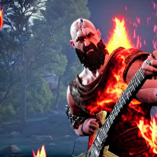 Image similar to kratos shredding on a flaming stratocaster guitar, cinematic render, god of war 2 0 1 8, santa monica studio official media, lightning, spartan rage, head turned