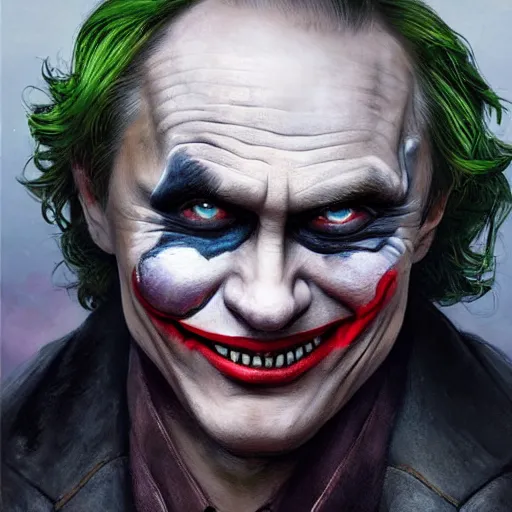 Image similar to portrait of vladimir putin as a joker in a city destroyed by war, realistic, high definition, 4 k, shimmering color, hyper detailed, art of greg rutkowski and magali villeneuve and artgerm