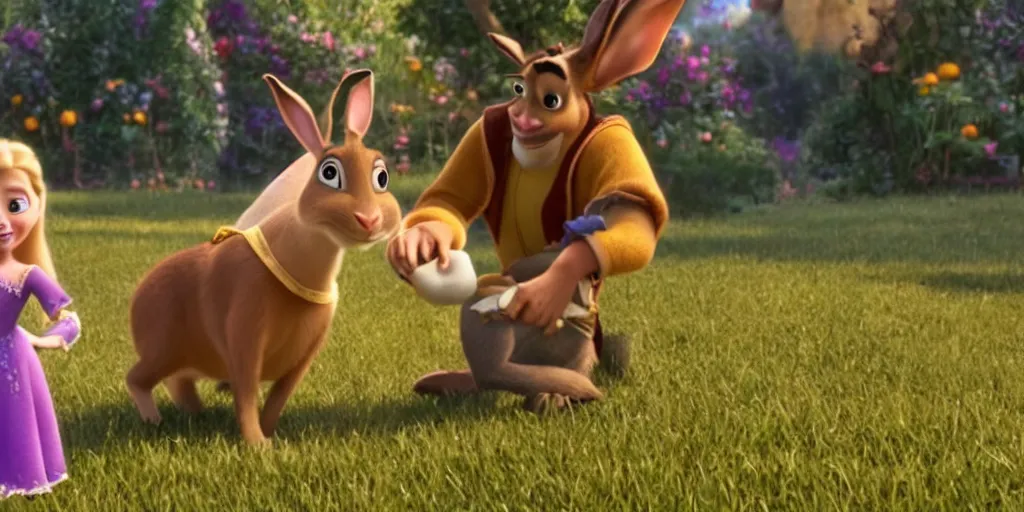 Prompt: a rabbit in the movie tangled, screenshot