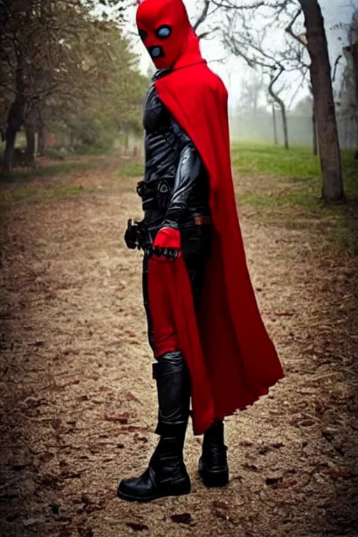 Prompt: red hood cosplay, creepy