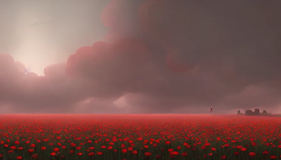 Prompt: field full of red roses, matte painting, art station, orange stormy sky, simon stalenhag