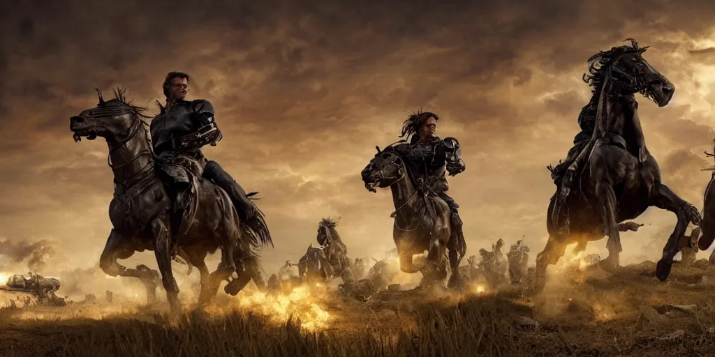 Prompt: a promotional movie still from terminator ( t 2 ) depicting the battle of the little bighorn. majestic horses, action scene, an epic fantasy, dramatic lighting, cinematic, extremely high detail, photorealistic, cinematic lighting, maxwell boas jessica rossier christian dimitrov anton fadeev trending on artstation cgsociety rendered in unreal engine 4 k hq