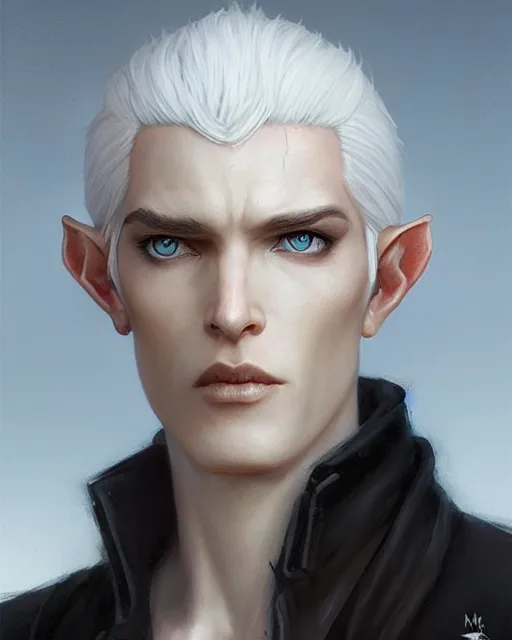 Image similar to character portrait of a slender young half elven man with white hair, piercing blue eyes, and pale blue skin, by greg rutkowski and mark brookes and jim burns and tom bagshaw and magali villeneuve, trending on artstation