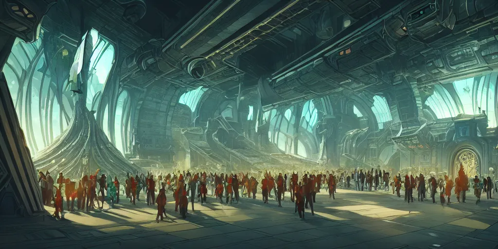 Prompt: cel shaded cinematic shot of the interior of a sci-fi space station with ornate Elven architecture bustling with people, epic castle, emerald, crystalline, detailed illustration, sharp focus, concept art