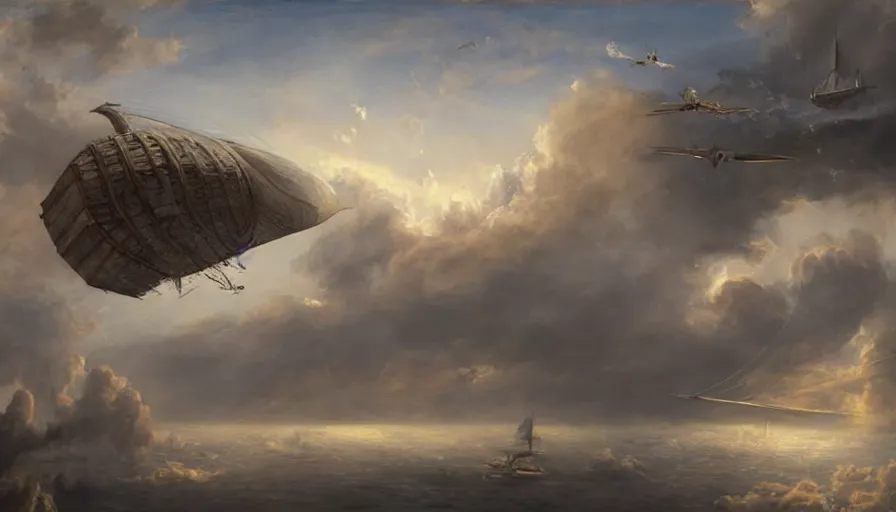 Image similar to a large pirate airship flying among the clouds, soaring through the sky, airship, realist painting, pirate, beautiful, highly detailed, trending on art station