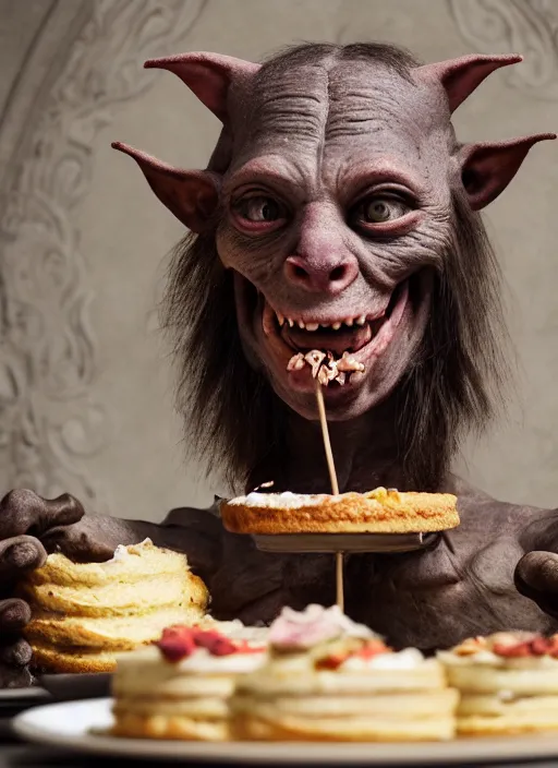 Image similar to closeup portrait of a medieval goblin eating cakes in the cloisters, depth of field, zeiss lens, detailed, symmetrical, centered, fashion photoshoot, by annie leibovitz and steve mccurry, david lazar, jimmy nelsson, breathtaking, 8 k resolution, extremely detailed, beautiful, establishing shot, artistic, hyperrealistic, beautiful face, octane render