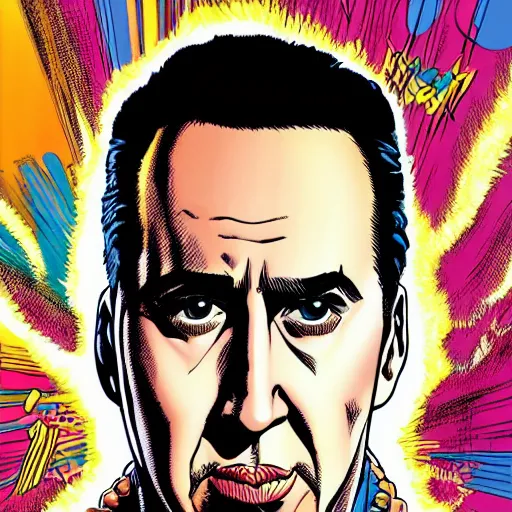 Image similar to dynamic macro head portrait of beautifu l nicholas cage super hero in white sequined jacket by john romita sr and cory walker and ryan ottley and jack kirby and barry windsor - smith, comic, illustration, photo real