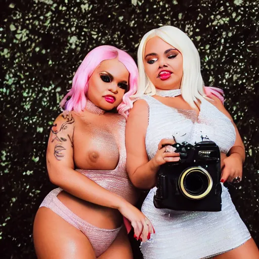 Image similar to photo of doja cat & trisha paytas whispering to each other and giggling while they look at the camera, , intricately detailed, dslr, 85mm pentax, f/1.3, award winning