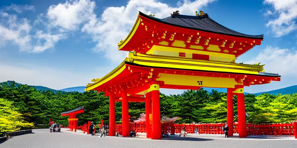 Image similar to Yellow school bus, driving towards a red japanese Torii gate at Mount Fuji location in Japan, ray tracing