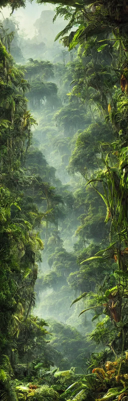 Image similar to painting of a jungle scene on an alien planet by vincent bons. ultra sharp high quality digital render. detailed. beautiful landscape. weird vegetation. water.