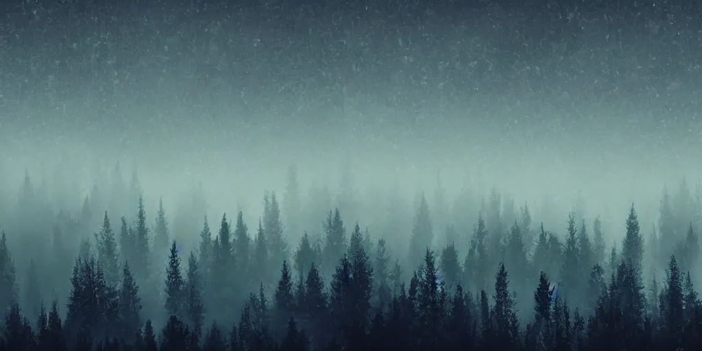 Image similar to night, forested mountains, big mountains, cold light, dense forest, overhead view, fog, 2 d disney cartoon style